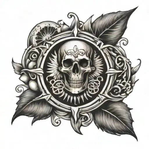 tatoo with sun and memento mori in greek letters tattoo design idea