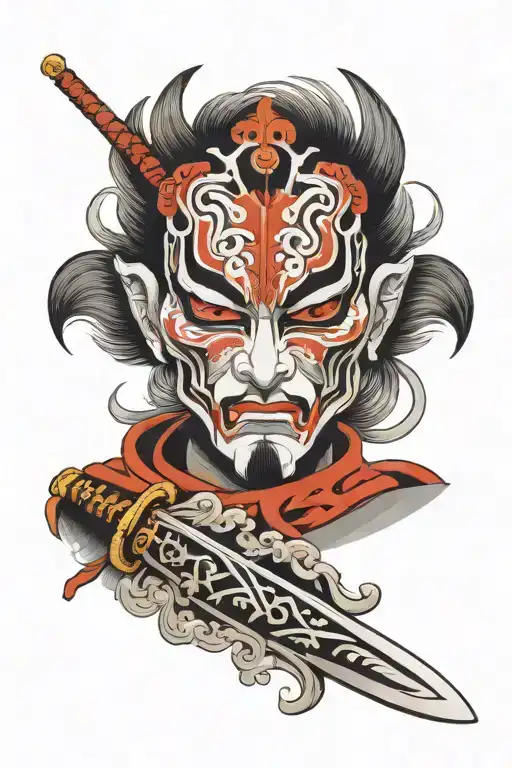 kabuki mask with sword through it tattoo design idea