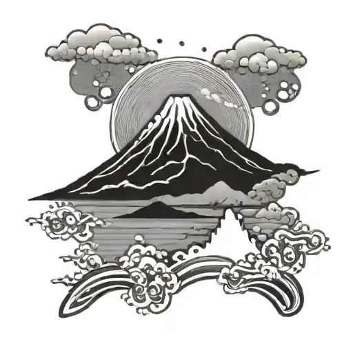 Mount Fuji with a rising sun and Japanese characters tattoo design idea