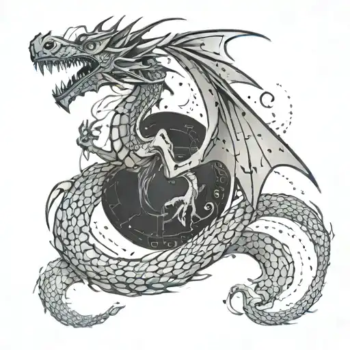 A futuristic design of a dragon breathing out binary code, representing the intersection of coding and mythical creatures tattoo design idea