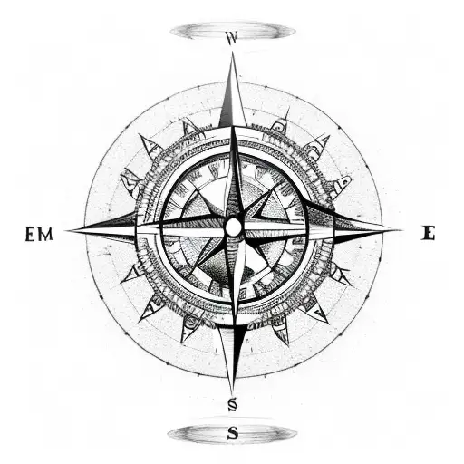 Compass with flowers, hour glass, light bulb, and the continents tattoo design idea