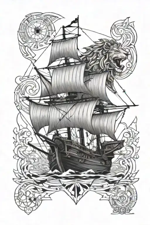 lion pirate ship tattoo design idea