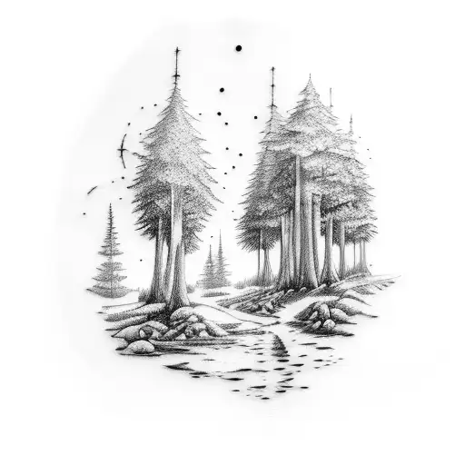 A dotwork tattoo of a forest landscape from a video game, with hidden Zelda references tattoo design idea