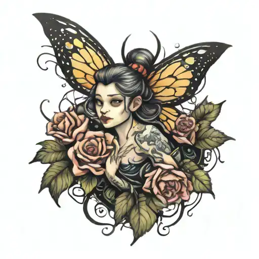fairy stuck in spider web with flowers around it it has wings tattoo design idea
