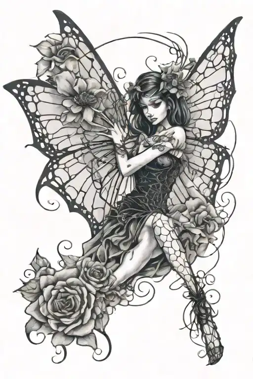 fairy stuck in spider web with flowers around it it has wings tattoo design idea