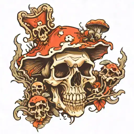 mushroom coming out of rat skull surrounded by bones tattoo design idea