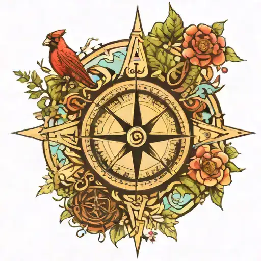 A tattoo of a compass rose surrounded by elements of nature, symbolizing the client's love for exploration and learning, with each cardinal direction representing a different zodiac sign tattoo design idea