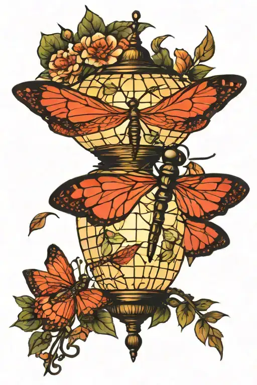 tiffany lamp with dragonflies flying tattoo design idea