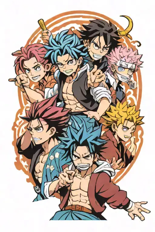 yoriichi from kimetsu no yaiba and rimuru from slime anime and yujiro from baki anime and gojo from jujutsu kaisen anime tattoo design idea