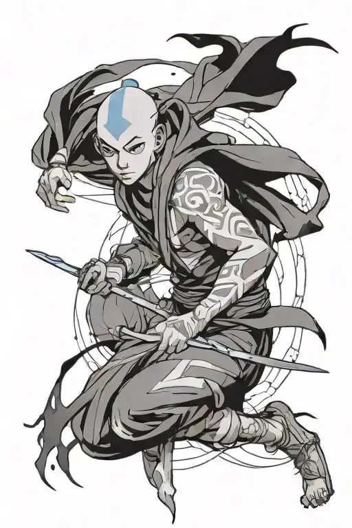 Avatar the last airbender tattoo, aang, sketchy, fineline black and white, primarily air as an element, with airbender s tattoo design idea