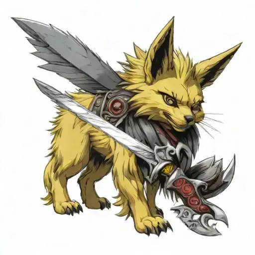 Jolteon holding ganondorf's sword in his mouth like Zacian style tattoo design idea