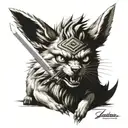 Jolteon holding ganondorf's sword in his mouth like Zacian style tattoo design idea