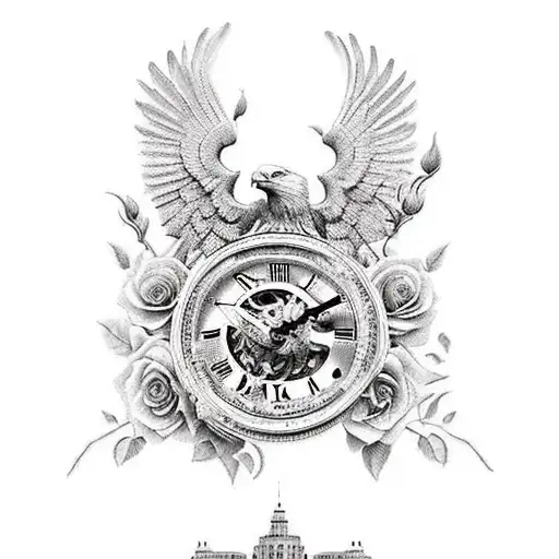 Eagle, roses, vines, clock piece and roman numerals as a whole sleve piece tattoo design idea