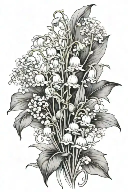 Lily of the valley with foliage and mushrooms growing tattoo design idea