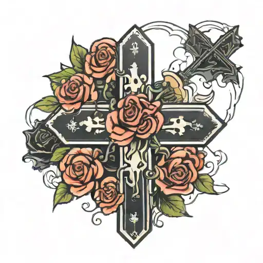 psalm 23:4 red crosses black clouds with rose  tattoo design idea