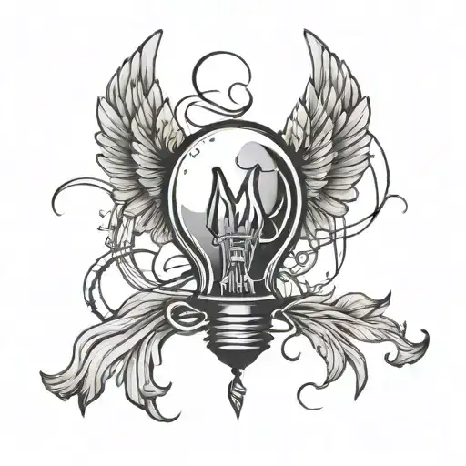 Lighting bulb with twisted wire under it a angel wings with the word in the center: Mimti tattoo design idea