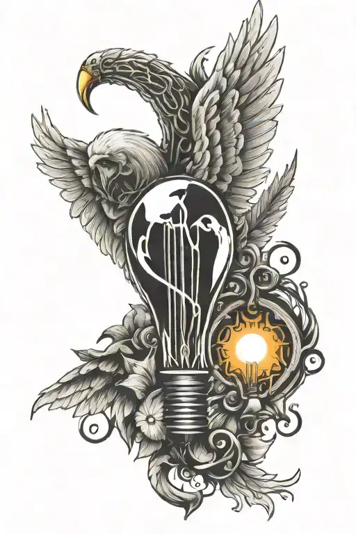 Lighting bulb with twisted wire under it a angel wings with the word in the center: Mimti tattoo design idea