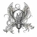 Lighting bulb with twisted wire under it a angel wings with the word in the center: Mimti tattoo design idea