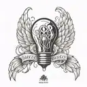 Lighting bulb with twisted wire under it a angel wings with the word in the center: Mimti tattoo design idea