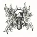 Lighting bulb with twisted wire under it a angel wings with the word in the center: Mimti tattoo design idea