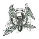 Lighting bulb with twisted wire under it a angel wings with the word in the center: Mimti tattoo design idea