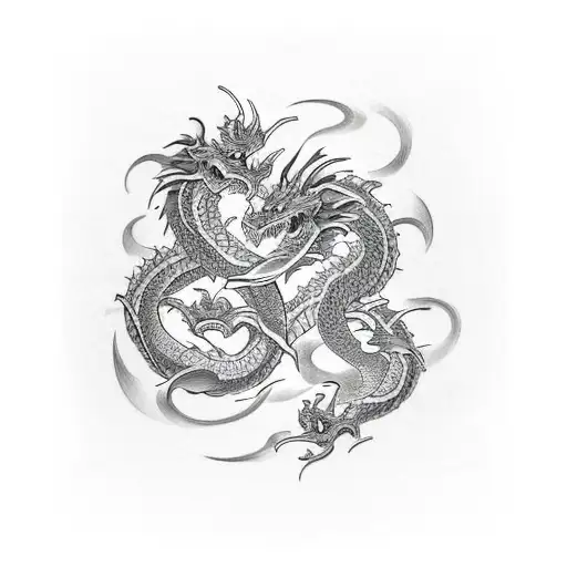 right side chest and upper right arm piece with intertwined dragons tattoo design idea