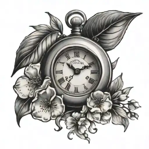 clock and apple blossom flowers tattoo design idea