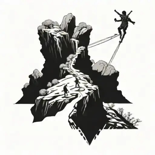 a guy climbing a mountain trail with the seven deadly sins behind him and at the top of the mountain is the heavens gate tattoo design idea