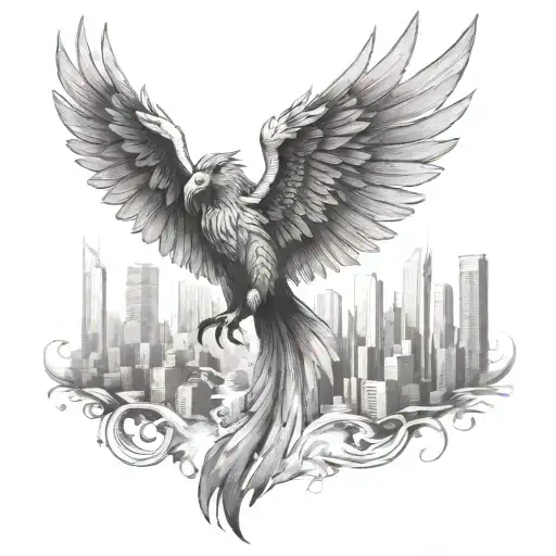 A phoenix soaring above a city skyline, symbolizing resilience and growth in the real estate industry tattoo design idea