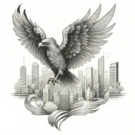 A phoenix soaring above a city skyline, symbolizing resilience and growth in the real estate industry tattoo design idea