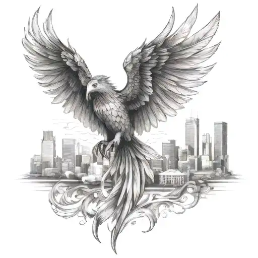 A phoenix soaring above a city skyline, symbolizing resilience and growth in the real estate industry tattoo design idea