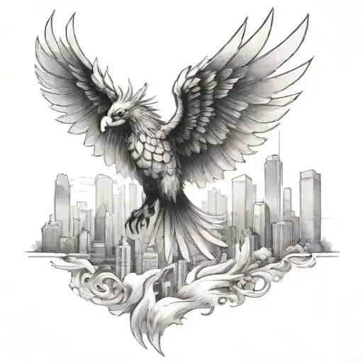 A phoenix soaring above a city skyline, symbolizing resilience and growth in the real estate industry tattoo design idea