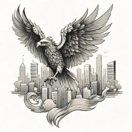 A phoenix soaring above a city skyline, symbolizing resilience and growth in the real estate industry tattoo design idea