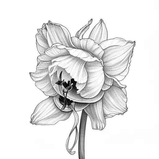 narcissus flower with "Cisa" written in cursive in the stem tattoo design idea