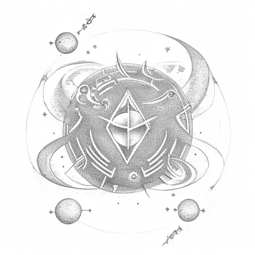 Forearm-sized tattoo with elements of Universe, science, voyager symbols, nordic symbols, esoteric, lines, dots tattoo design idea