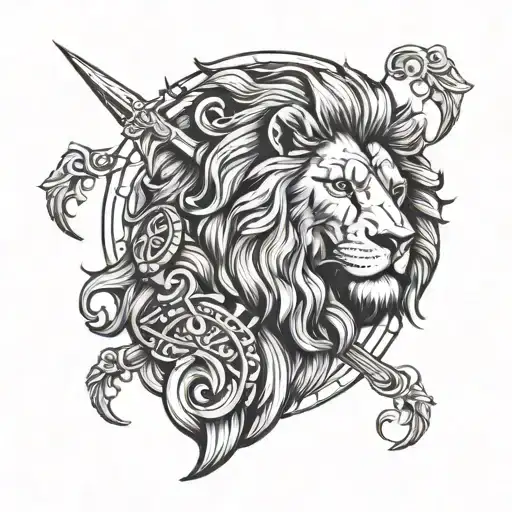 A tattoo design representing the strength and resilience of both Christianity and Greek mythology, with elements like a lion (symbol of Christ) and a Greek warrior tattoo design idea