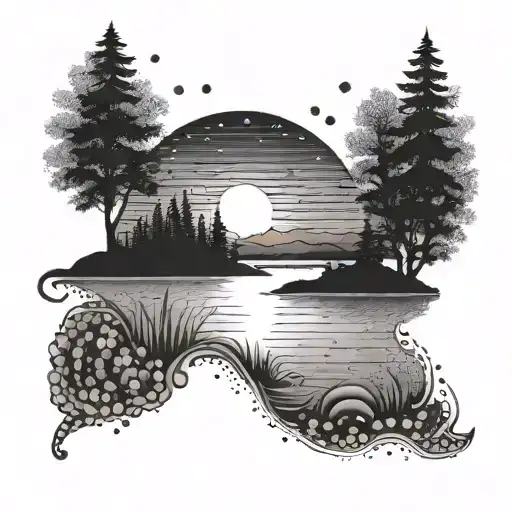 lake and red sun rising tattoo design idea