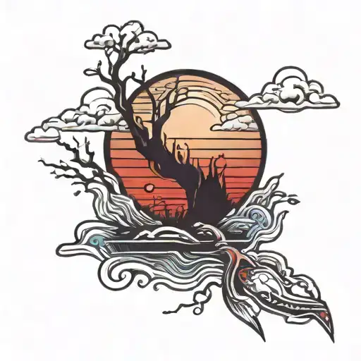 lake and red sun rising tattoo design idea
