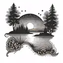 lake and red sun rising tattoo design idea