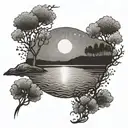 lake and red sun rising tattoo design idea