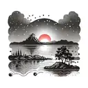 lake and red sun rising tattoo design idea