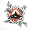 lake and red sun rising tattoo design idea