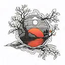 lake and red sun rising tattoo design idea