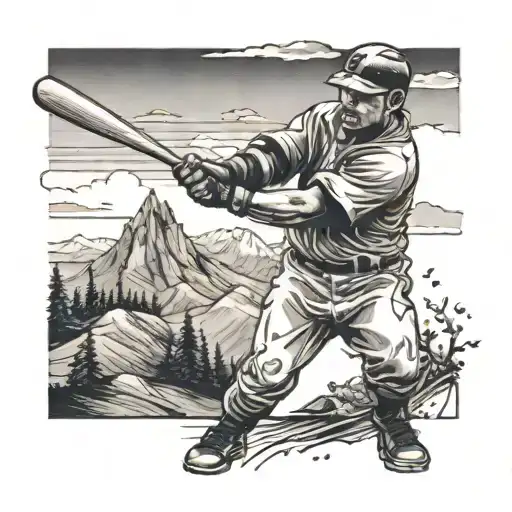 A black-grey tattoo of a baseball player swinging a bat in a mountainous landscape, with woodworking tools scattered around the scene tattoo design idea