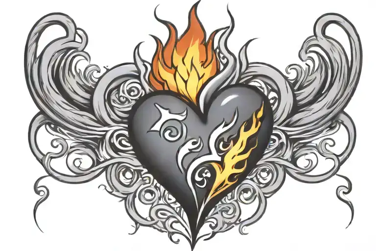 medium sized heart with flame like lines going outwards in all directions and 4 stars  tattoo design idea