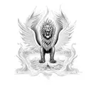 A mythical phoenix and lion engaged in an epic battle from ancient history tattoo design idea