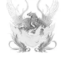 A mythical phoenix and lion engaged in an epic battle from ancient history tattoo design idea