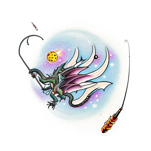A fishing rod transforming into a dragon's tail, surrounded by stars and galaxies tattoo design idea