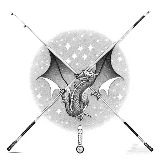 A fishing rod transforming into a dragon's tail, surrounded by stars and galaxies tattoo design idea