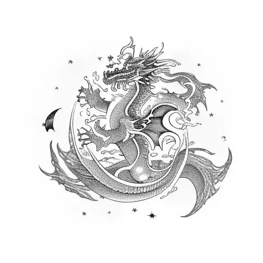 A celestial dragon flying through a cosmic landscape, inspired by League of Legends tattoo design idea